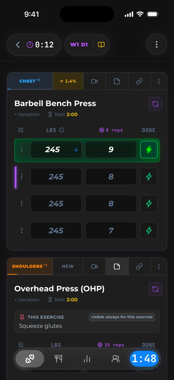 An active workout with today's weight and rep targets on every set